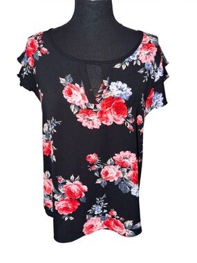 Wishful Women’s Black Red Floral Top Blouse Short Flutter Sleeve Sz L